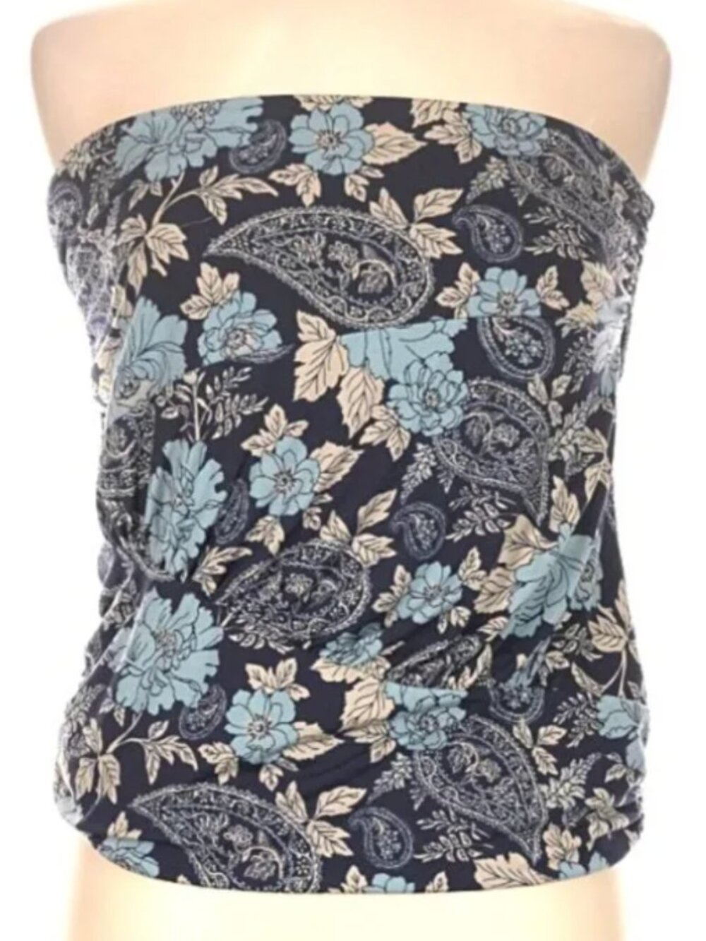 Free People Women's Ruched Bandeau Tube Top In Blue Floral Paisley - Medium